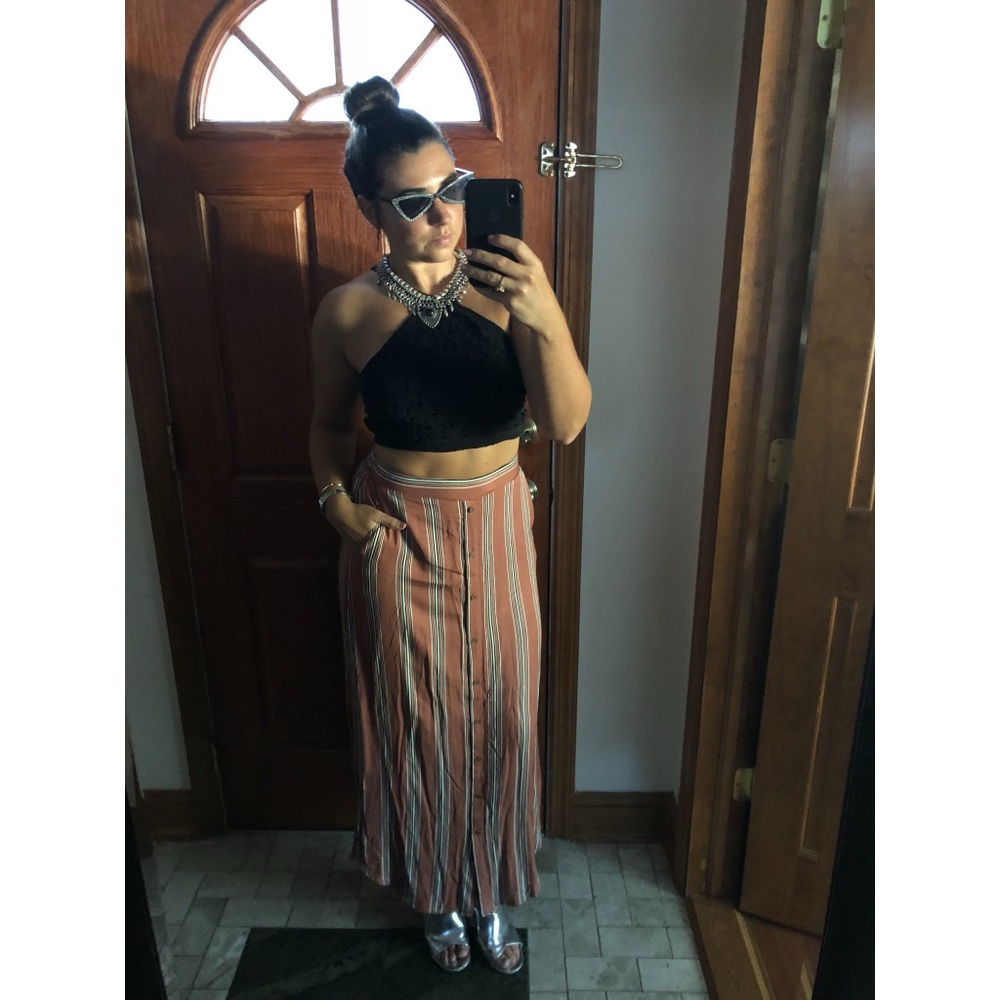 Rust Striped Maxi Button Skirt